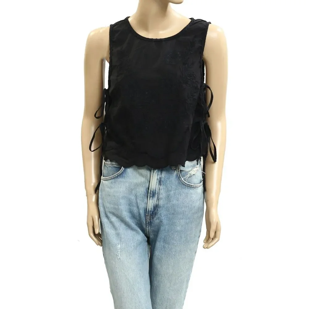 Free People Faded Gardens Tank Cropped Top Floral Embroidered Cotton XL 288563